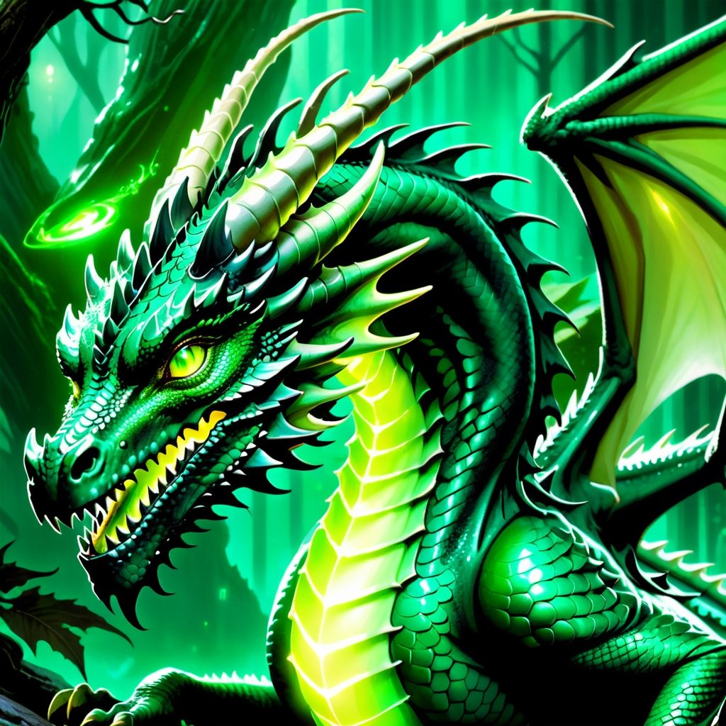 Craft an enchanting fantasy scene featuring a beautiful dark green-light green biometric dragon with glowing,  shiny biometrical features. Imagine captivating yelloweyes and impressive glass horns. Place this majestic creature in a fantasy-style background that complements its ethereal beauty,  aiming for a visually striking image with intricate details and a magical atmosphere., cute little dragon
,cute dragon,GUILD WARS