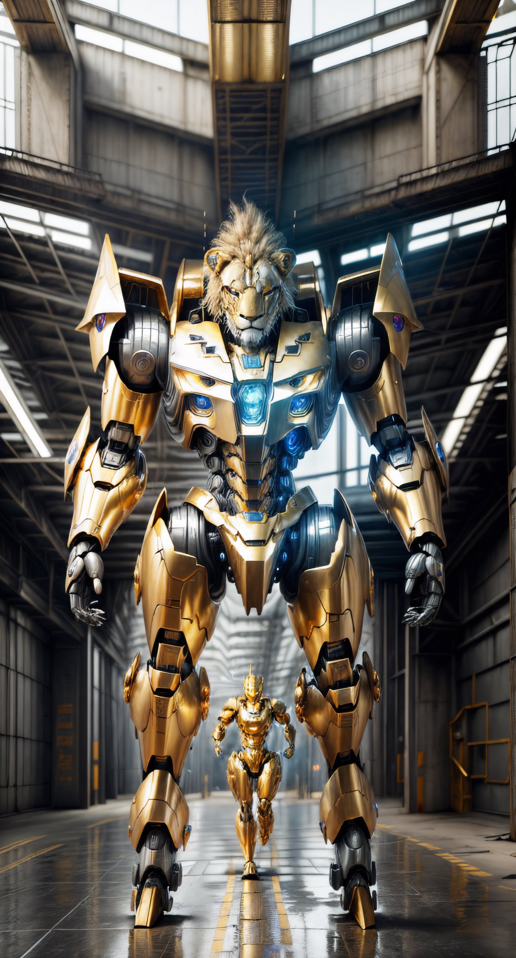 Animalrizz (Fishy trade) 10, masterpiece, highres, Absurd,photorealistic portrait, Parley_armature, Lion in Armor ,Wear Parley_armature, Massive futuristic armor, running, move, Rocket propulsion,((from the side)),bismuth4rmor,Golden Warrior Mecha