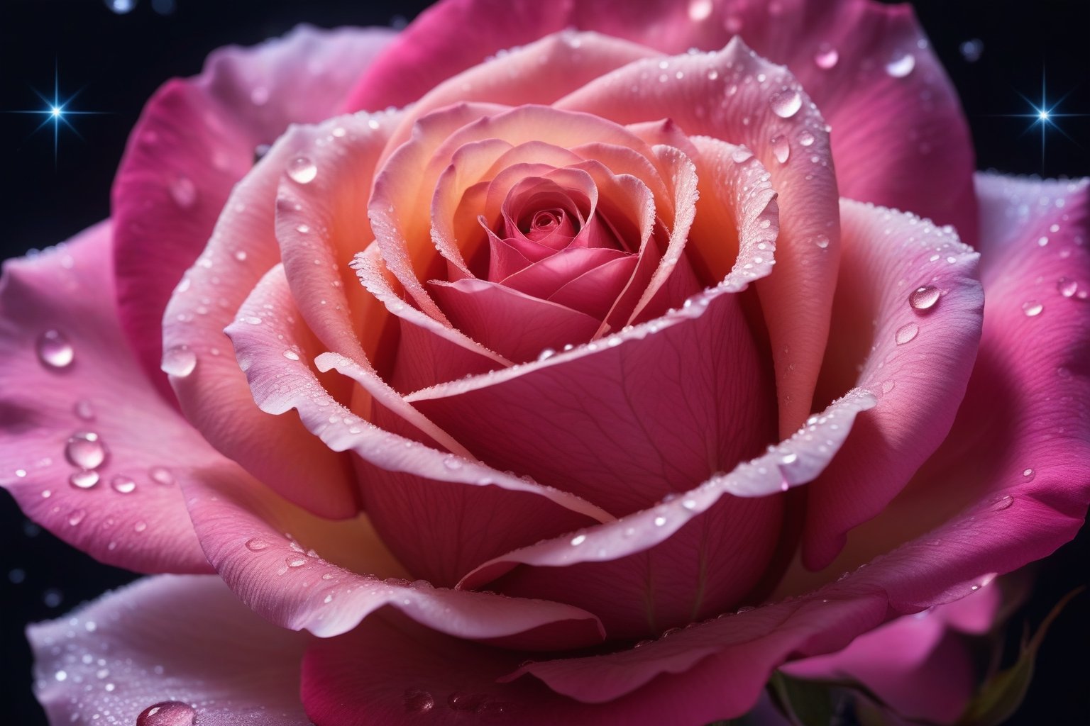 Macro Photography, a galaxy rose, shining starlight, spacey nebula  background, Dark background,Extreme Detail,UHD,8K,Studio Lighting,Professional Photography,fine art,,water droplets on rose petals,,  cupidtech, machine,