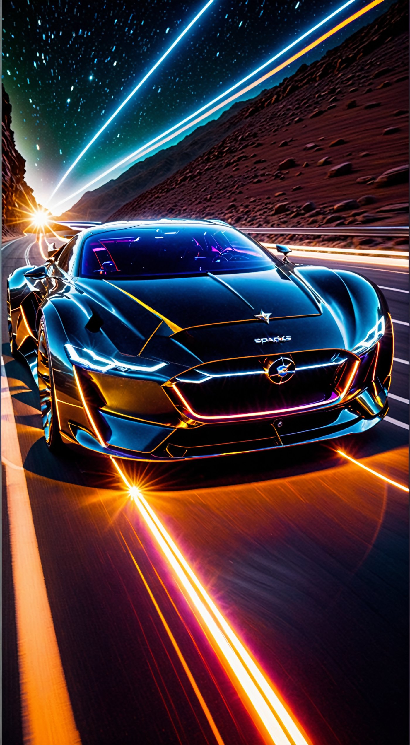 a sci-fi sportscar passing by, light speed, flash, motion trail, a shining star(sun) in the background, motion blur, epic visual effects, interstellar, flow, detailed, scifi, star blast, dark vibrant colors, cosmic art, stars in background, cinematic scene, lens flare, god rays, glow, art of Doug Chiang and John Park glowneon, glowing, sparks, lightning, ultra detailed dramatic lighting  ,highly detailed, vibrant colors , 8k, sharp, professional, clear, high contrast, high saturated, , vivid deep blacks, crystal clear,c_car,H effect,Concept Cars