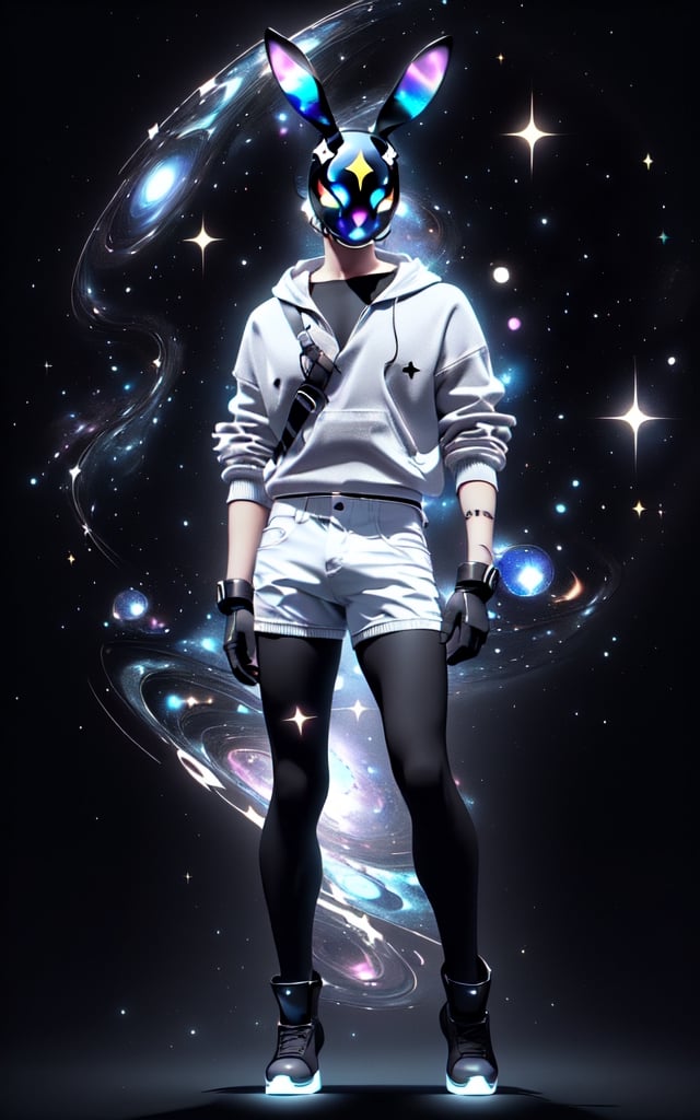 solo_male, feminine, solo, skinny, (slim), simple background, gloves, animal ears, full body, (black skin), grey background, glowing, no pupils, (human_lip), starry sky print, (white rabbit mask:1.2), (black tribal celestial clothes:1.2), dinamic photo, mystic, 3d render, unreal engine,Celestial Skin,