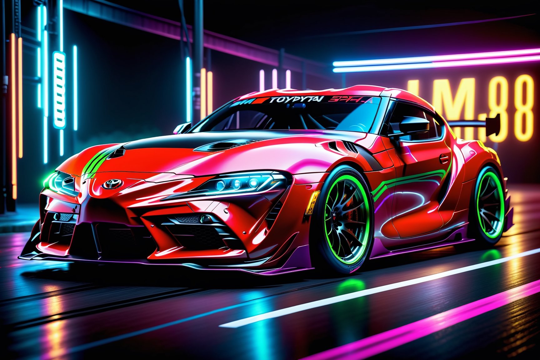 (masterpiece, best quality, ultra-detailed, 8K),toyota supra 2023 model, race car, street racing-inspired,Drifting inspired, LED, ((Twin headlights)), (((Bright neon color racing stripes))), (Black racing wheels), wide body kit, modified car,  racing livery, masterpiece, best quality, realistic, ultra highres, (((depth of field))), (full dual colour neon lights:1.2), (hard dual colour lighting:1.4), (detailed background), (masterpiece:1.2), (ultra detailed), (best quality), intricate, comprehensive cinematic, magical photography, (gradients), glossy,aesthetic,intricate, realistic,cinematic lighting, Neon Paint,cyberpunk style,c_car,aicc