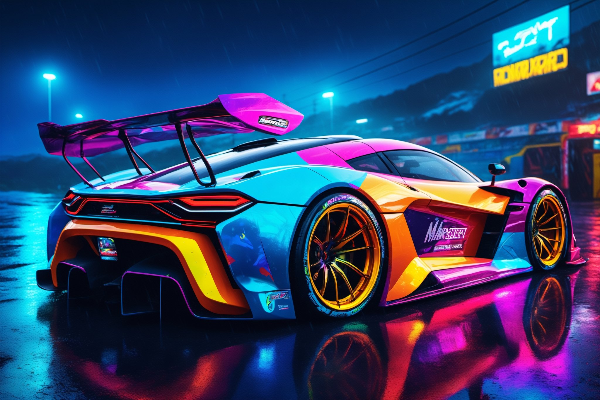 (digital artwork), EV Super car, wide body kit, modified car, racing livery, raining masterpiece, best quality, realistic, ultra highres, depth of field, (full dual colour neon lights:1.2), (hard dual colour lighting:1.4), (detailed background), (masterpiece:1.2), (ultra detailed), (best quality), intricate, comprehensive cinematic, magical photography, (gradients), colorful, detailed landscape, visual key,