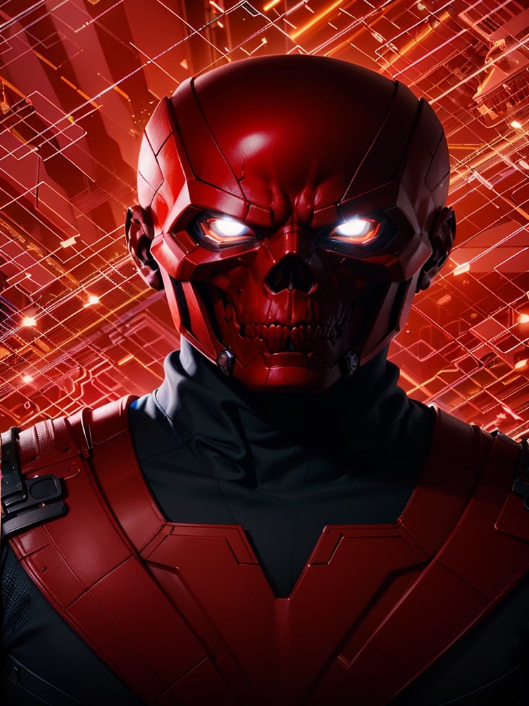 Red Skull midjourny-v4 style, professional photo shot of Red Skull from Marvel, with a very detailed intricate cybernetic outfit, a very detailed beautiful face standing in the dark with black particles surrounding the body, proportional body shape + perfect anatomy, symmetrical dynamic pose, three-dimensional shadow, neon glowing dust particle effect + detailed particles, Full HD rendering + octane 3D rendering + unreal engine 5 graphics 4k UHD+ Huge Detail + Dramatic Lighting + Good Lighting + Good Lighting + Intricate + Fine Details + Octane Render + Ray Tracing + 8k + Sharp Focus + High Vibration 