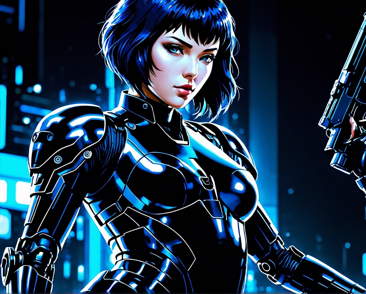 Ghost in the Shell Vol.2, a woman in a futuristic suit holding a gun and a robot, ghost in the shell art style, by Luis Duarte, Luis Duarte style, blue and black shading, Neo-Tokyo style, Element Air, Mythpunk, Graphic Interface, Sci-Fic Art, Dark Influence, NijiExpress 3D v3, Kinetic Art, Datanoshing, Oilpainting, Ink v3, Cyber Tech Elements, Futuristic, Illustrated v3, anime style, Hyperrealism, high detail, Futurism, award winning, super detail, textured skin, highres, HD, 4K, 8k, 16k,Movie Still