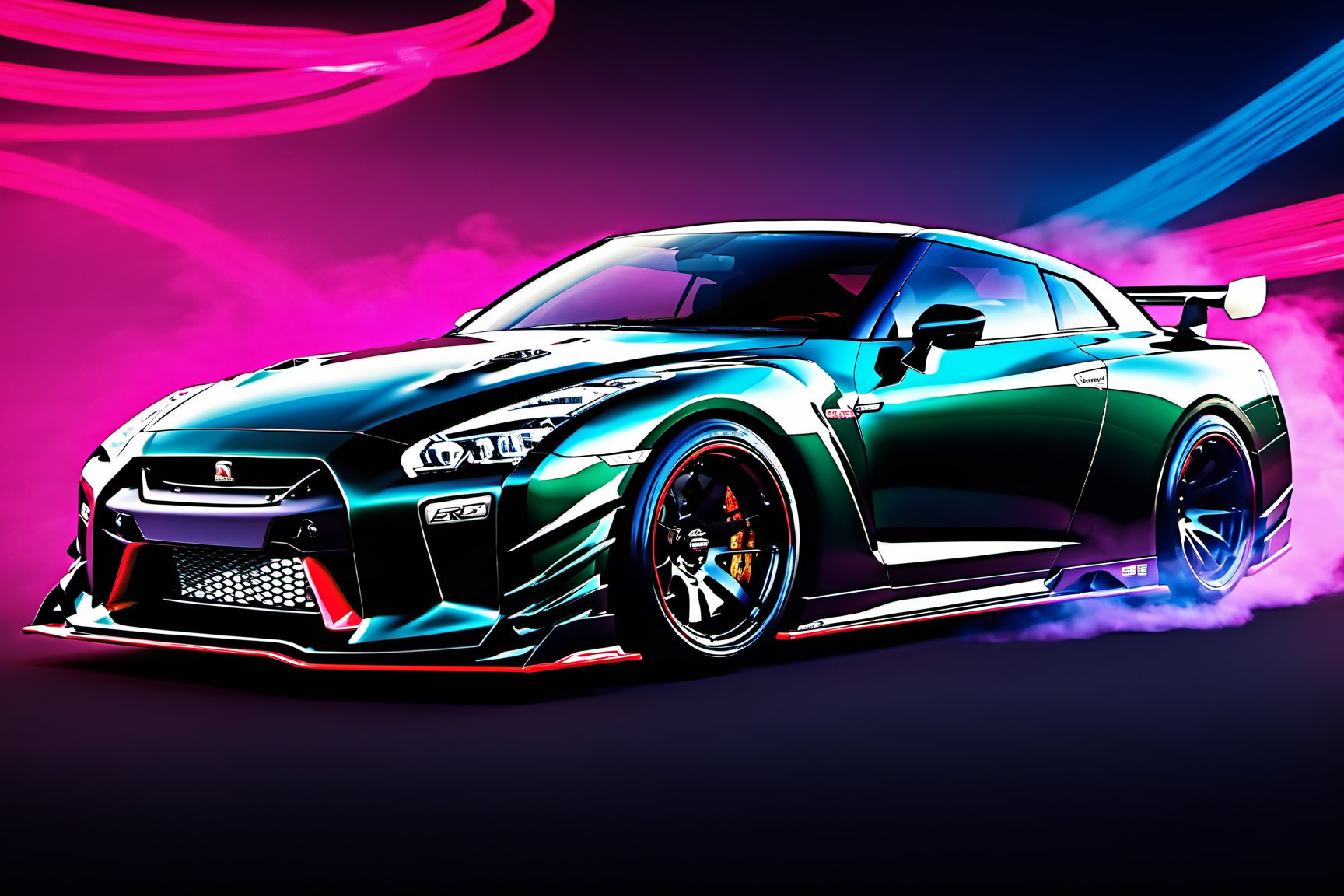 (((A photo realistic image of a Nissan GT-R Nismo))), ((wide shot)) , sharp, detailed car body , detailed tires, (masterpiece, best quality, ultra-detailed, 8K), race car, street racing-inspired, Drifting inspired, LED, ((Twin headlights)), (((Bright neon color racing stripes))), (Black racing wheels), Wheel spin showing motion, Show car in motion, Burnout,  wide body kit, modified car,  racing livery, masterpiece, best quality, realistic, ultra high res, (((depth of field))), (full dual color neon lights:1.2), (hard dual color lighting:1.4), (detailed background), (masterpiece:1.2), (ultra detailed), (best quality), intricate, comprehensive cinematic, magical photography, (gradients), glossy, Fast action style, Sideways drifting in to a turns, ,c_car,fire element