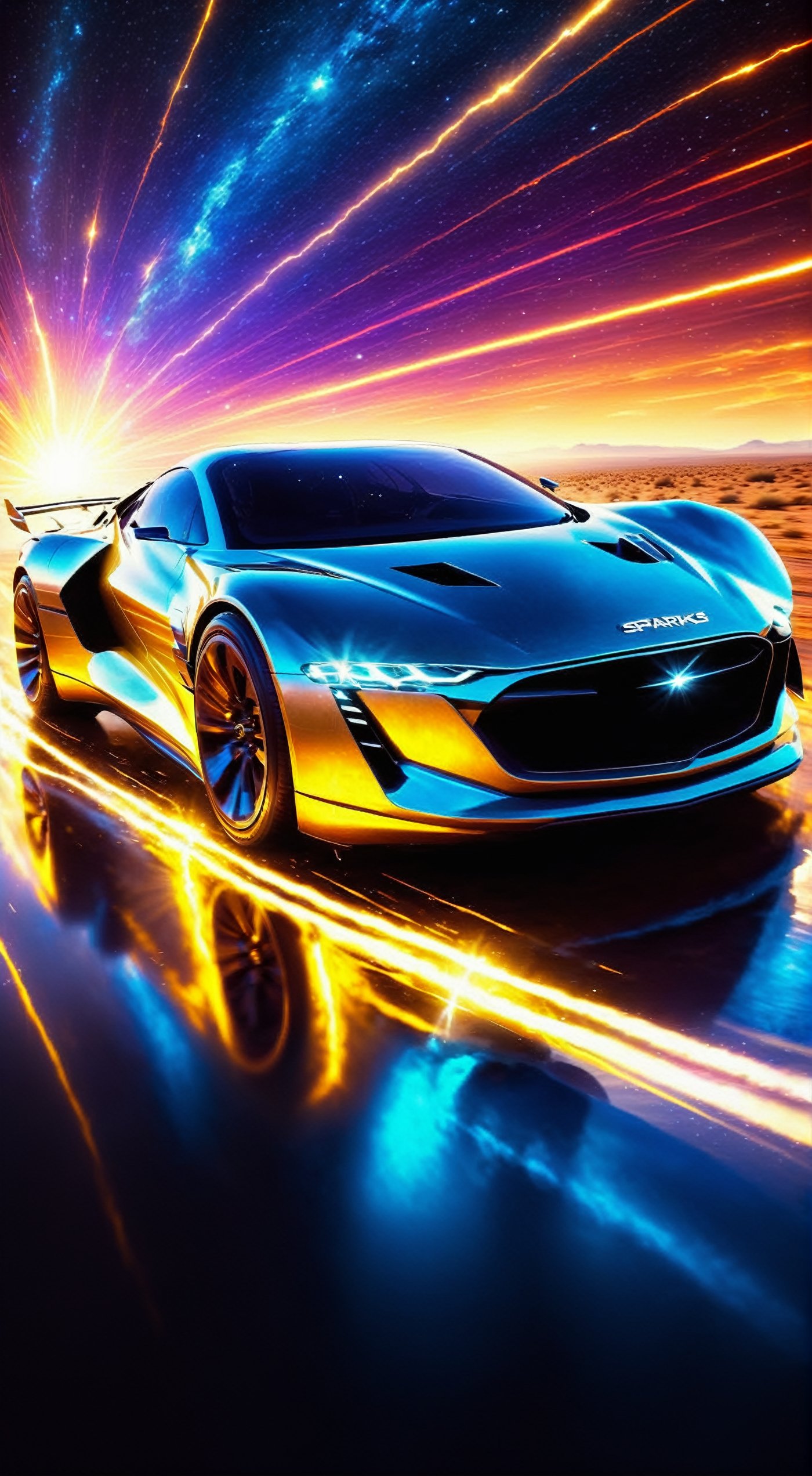 a sci-fi sportscar passing by, light speed, flash, motion trail, a shining star(sun) in the background, motion blur, epic visual effects, interstellar, flow, detailed, scifi, star blast, dark vibrant colors, cosmic art, stars in background, cinematic scene, lens flare, god rays, glow, art of Doug Chiang and John Park glowneon, glowing, sparks, lightning, ultra detailed dramatic lighting  ,highly detailed, vibrant colors , 8k, sharp, professional, clear, high contrast, high saturated,FuturEvoLabFlame