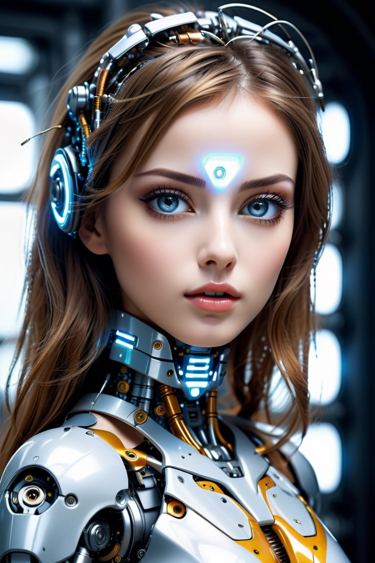 ((Generate hyper realistic fclose portrait image of captivating scene featuring a stunning sexy and seductive Robotic girl (high quality), masterpiece, (intricate details), highly detailed, vibrant, production film, ultra high quality model gray eyes, photography style, Extremely Realistic, (((portrait))), , darkart,