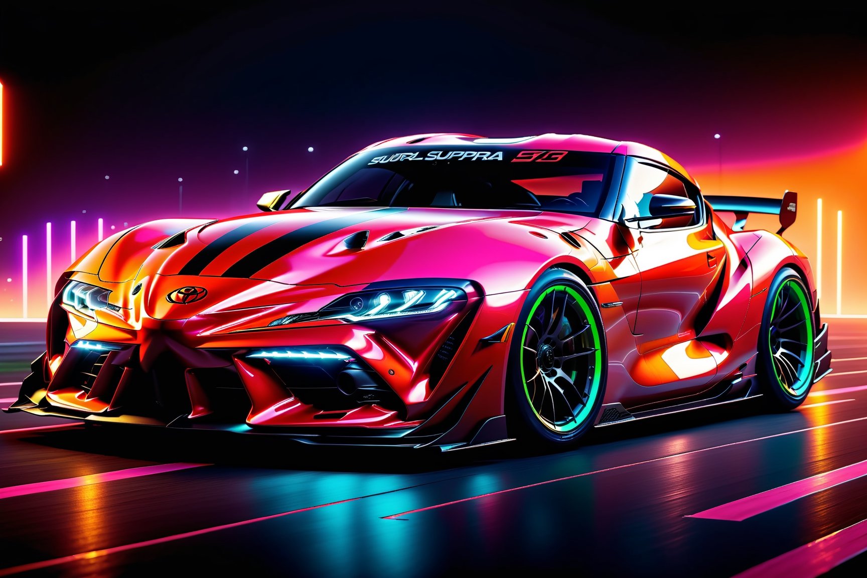 (masterpiece, best quality, ultra-detailed, 8K),toyota supra 2023 model, race car, street racing-inspired,Drifting inspired, LED, ((Twin headlights)), (((Bright neon color racing stripes))), (Black racing wheels), wide body kit, modified car,  racing livery, masterpiece, best quality, realistic, ultra highres, (((depth of field))), (full dual colour neon lights:1.2), (hard dual colour lighting:1.4), (detailed background), (masterpiece:1.2), (ultra detailed), (best quality), intricate, comprehensive cinematic, magical photography, (gradients), glossy,aesthetic,intricate, realistic,cinematic lighting, Neon Paint,cyberpunk style,c_car,aicc