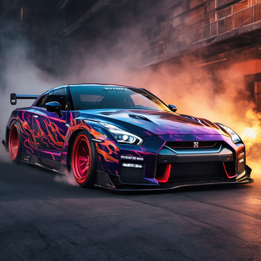 A photo realistic image of a Nissan GT-R Nismo 2023 
, sharp, detailed car body ,ethereal art, detailed tires, fire scene, (masterpiece, best quality, ultra-detailed, 8K), race car, street racing-inspired, Drifting inspired, LED, ((Twin headlights)), (((Bright neon color racing stripes))), (Black racing wheels), Wheel spin showing motion, Show car in motion, Burnout,  wide body kit, modified car,  racing livery, masterpiece, best quality, realistic, ultra high res, (((depth of field))), (full dual color neon lights:1.2), (hard dual color lighting:1.4), (detailed background), (masterpiece:1.2), (ultra detailed), (best quality), intricate, comprehensive cinematic, magical photography, (gradients), glossy, Fast action style, fire out of tail pipes, Sideways drifting in to a turns, Neon galaxy metalic paint with race stripes,