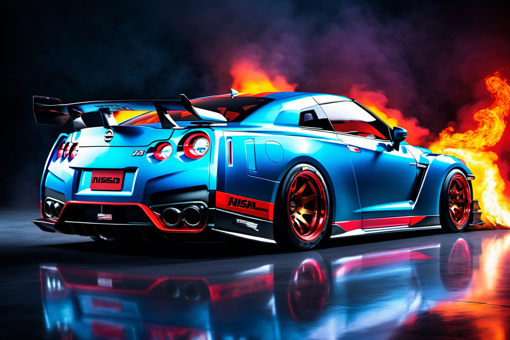 A photo realistic image of a Nissan GT-R Nismo 2023 
, sharp, detailed car body ,ethereal art, detailed tires, fire scene, (masterpiece, best quality, ultra-detailed, 8K), race car, street racing-inspired, Drifting inspired, LED, ((Twin headlights)), (((Bright neon color racing stripes))), (Black racing wheels), Wheel spin showing motion, Show car in motion, Burnout,  wide body kit, modified car,  racing livery, masterpiece, best quality, realistic, ultra high res, (((depth of field))), (full dual color neon lights:1.2), (hard dual color lighting:1.4), (detailed background), (masterpiece:1.2), (ultra detailed), (best quality), intricate, comprehensive cinematic, magical photography, (gradients), glossy, Fast action style, fire out of tail pipes, Sideways drifting in to a turns, Neon galaxy metalic paint with race stripes,