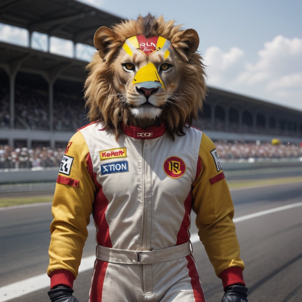 A lion in racing suit