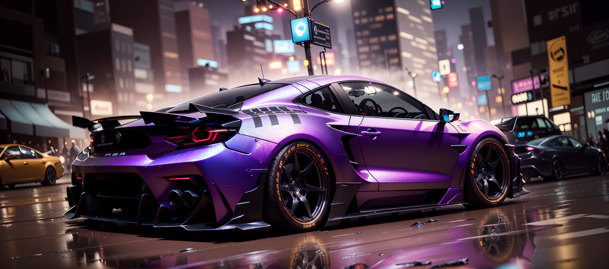 sport car,tuned, motion, (at night 2) (motion blur 1. 3), movie action scene, (Need for Speed 1. 1), wet reflection, racing game, (cityscape in background 1. 5), (detailed stunning environment 1.5), moody dark atmosphere, neon underground aesthetics, (sci-fi), cyberpunk, blade runner, cinematic, cover art, (low front angle),intricate, (highly detailed 1.5), digital painting, digital art, artstation, concept art,(color contrast 1. 1), (Wide lens 1.5),best quality masterpiece, 