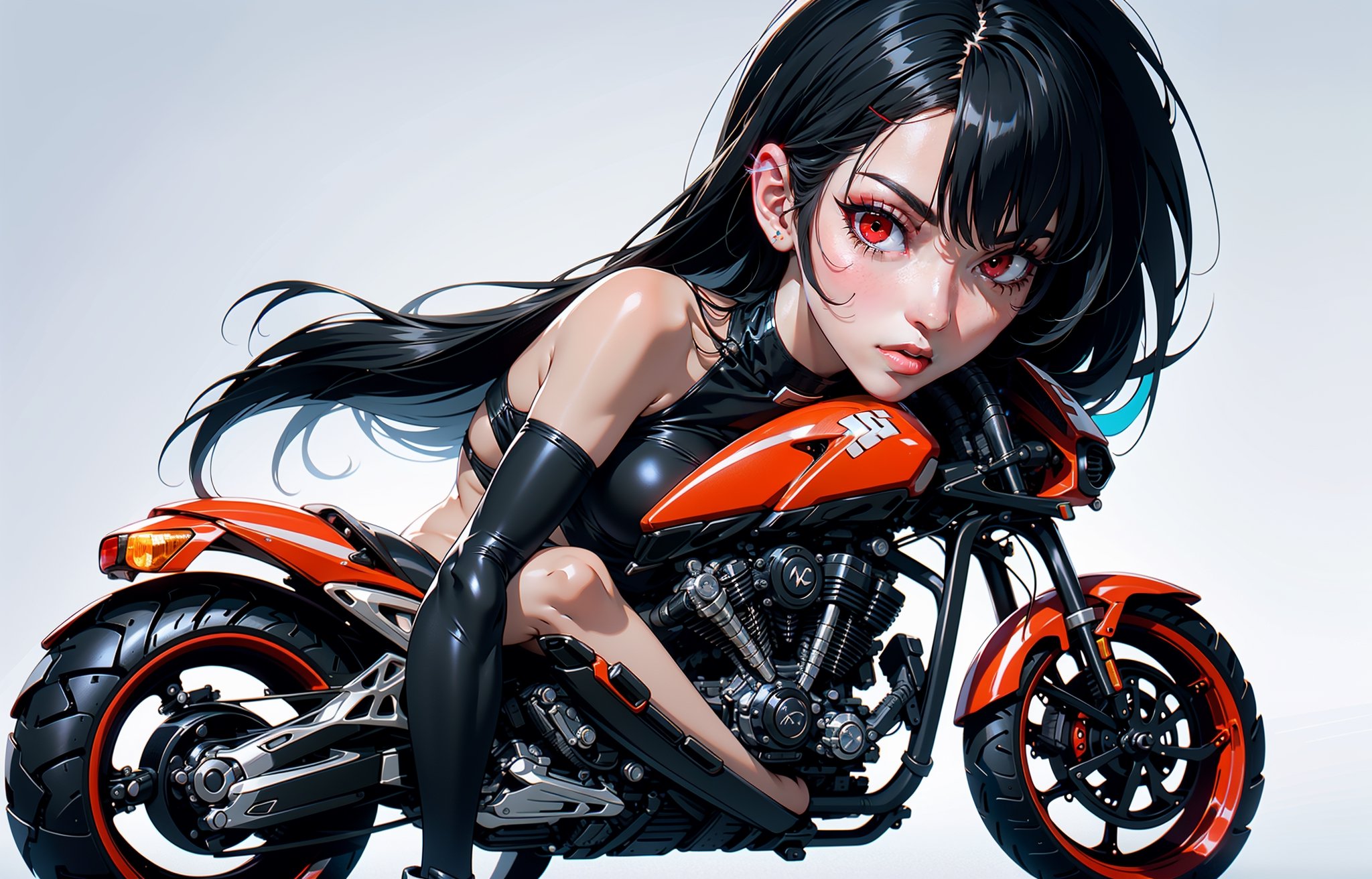 \\Beautiful 20 year old woman\\, (red eyes), ((black hair)), bangs, long_hair, hourglass body shape, detailed eyes, normal breasts quality, slim waist, (slim thick body), ((full-body_portrait)), masterpiece, best quality, realistic lighting effects, (in a colorful bikini), ((sitting on a motorbike)), sports bike, perfect figure