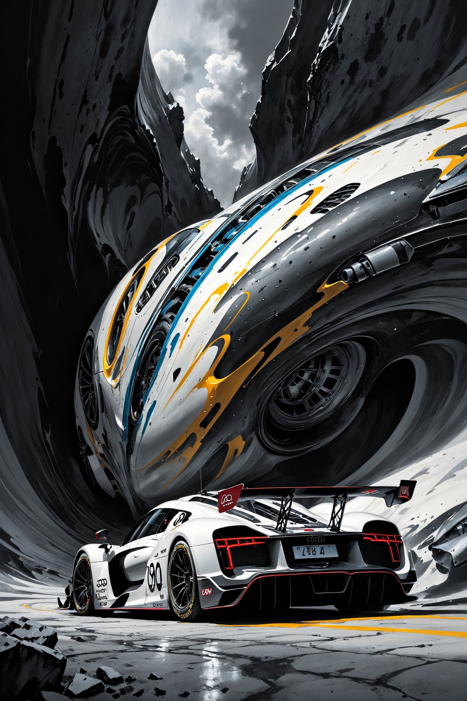 Ultra wide photorealistic image, custom design, graffiti, racing serial number, fast stripes, full  Audi R18 futuristic tuning car, highway, skull outline. Realistic sexy naked girl with giant breasts and perfect naked figure. Giant cybernetic abstract, rocky path, black and grey to white gray, ink flow - 8k photorealistic masterpiece - by Aaron Horkey and Jeremy Mann - detail. liquid gouache: Jean Baptiste Mongue: calligraphy: acrylic: color watercolor, cinematic lighting, maximalist photo illustration: marton Bobzert: 8k concept art, intricately detailed realism, complex, elegant, vast, fantastic and psychedelic, dripping with color, sci-fi, photo r3al,cyborg style,Extremely Realistic,orgasmface,painted world