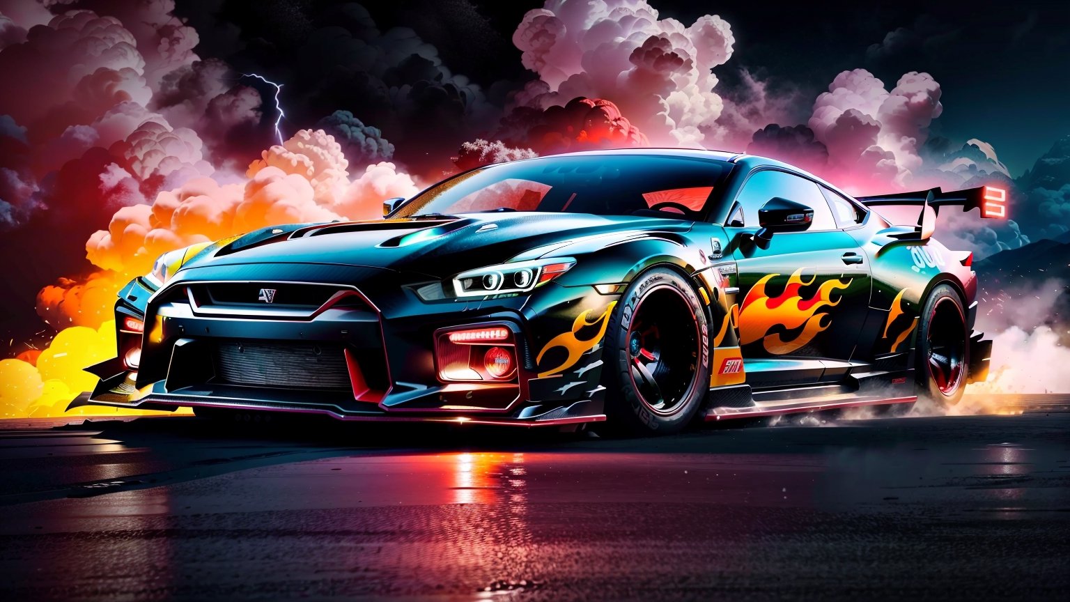 Race cars in a high speed street race (best quality,4k,8k,highres,masterpiece:1.2),ultra-detailed, ((a customized car)), ((street racer)), ((a beautiful paintjob)), ((fully detailed)), illustration, vivid colors, GTR, NSX,  Drifting, going fast, night, bright yellow headlights,setting USA Oregon's Mountain roads, No text on signs, Late night time, Set in a rain storm with lightning,1 car.,Nature, model shoot style, Fast action style, Sideways drifting in to a turn, Red and black cars, ,Movie Still,H effect,Car,sports car