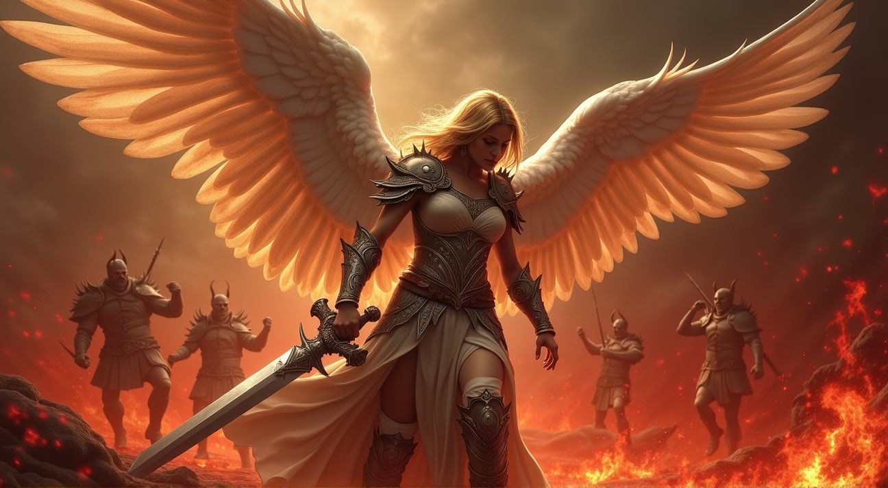 Gorgeous angel warrior fighting her way through hell with only a large sword. Bloody demon hoard in background.