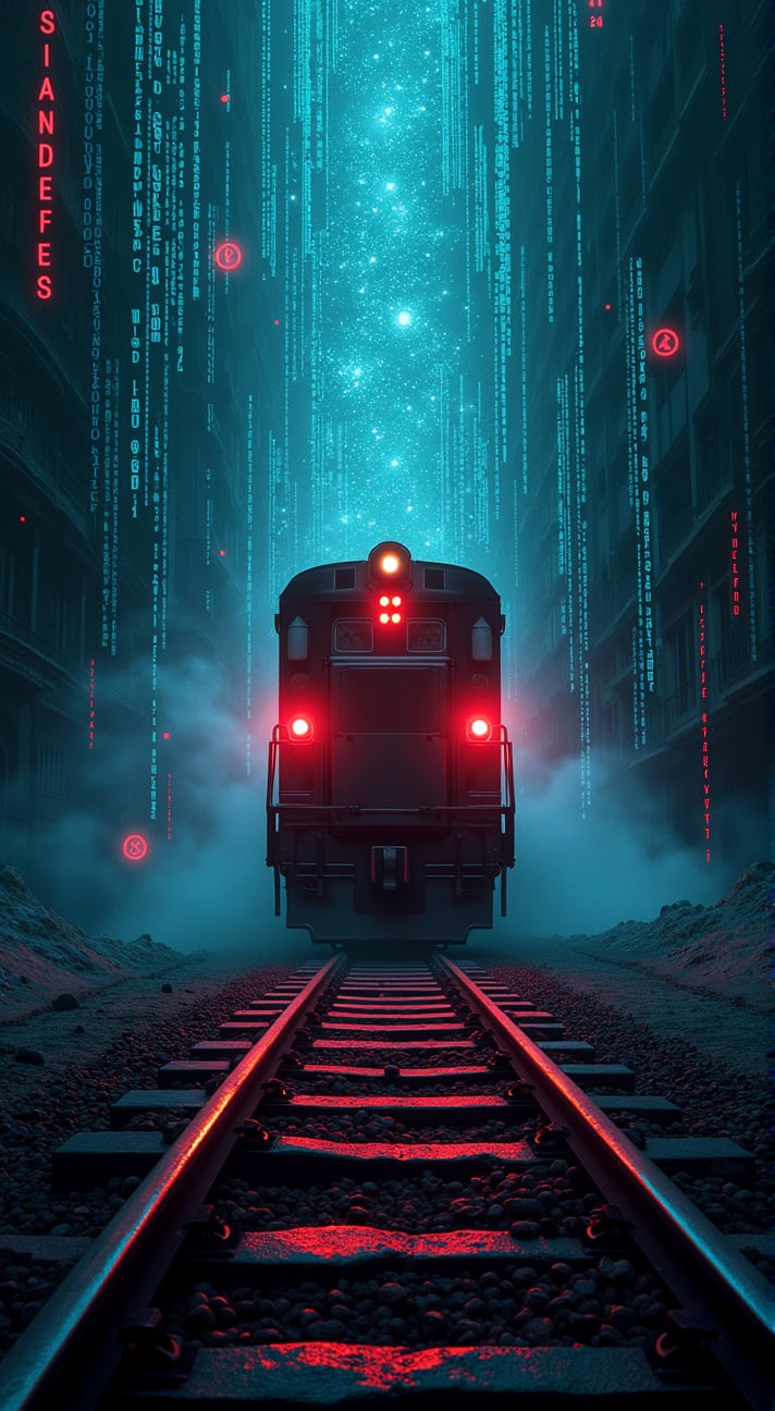 Album cover for 'Train of Life', inspired by Amir Tataloo and ‘The Matrix’, (mysterious train) moving through a (dark digital landscape) filled with (hidden symbols), (cryptic codes), and (secret letters) embedded in the scene, creating an atmosphere of (mystery and intrigue), vibrant neon colors, dynamic composition, (ultra-detailed), cinematic high quality.