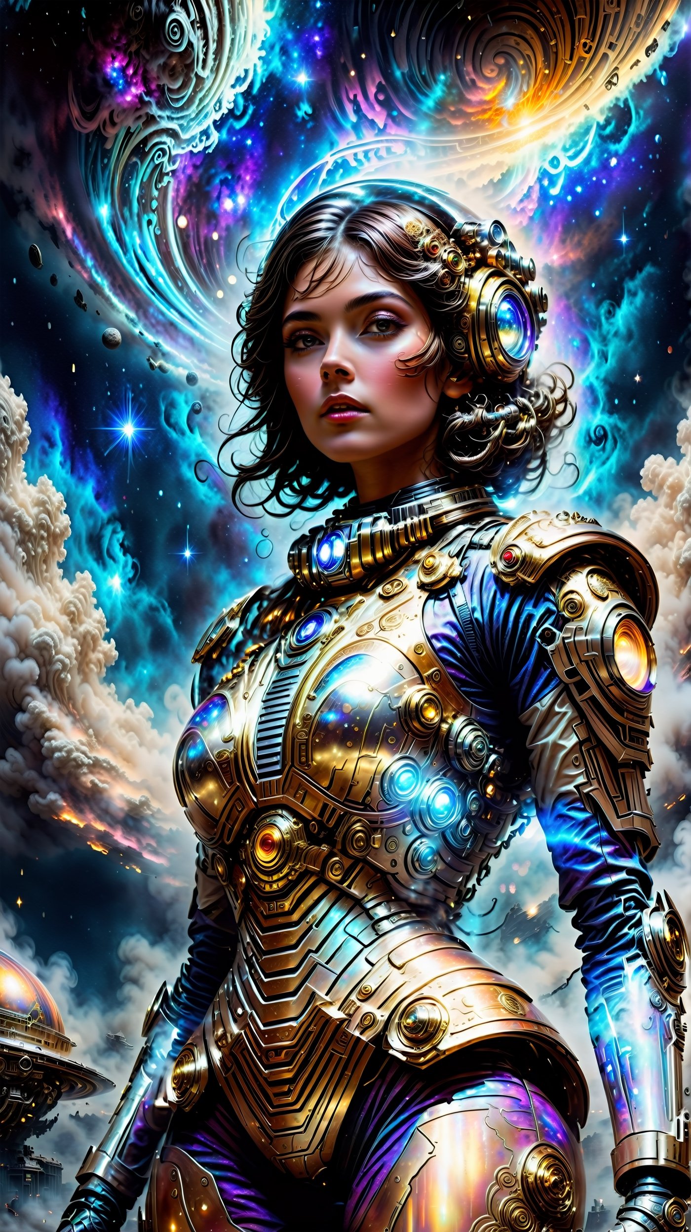 A stunning, 4K masterpiece depicts an astronaut clad in ornate, steam-powered armor, standing at the edge of a distant planet's atmosphere. The steam punk-inspired suit is adorned with intricate details, contrasting with the ethereal, hauntingly beautiful view of the cosmos. Vivid colors and moody shadows dance across the scene, as starlight fog swirls around her majestic face. A retro-futuristic technology-laden environment, filled with smoke and fog effects, creates a timeless sense of adventure and mystery. The isolated heroine's pose exudes an air of exalted exploration, set against the dramatic contrast of distant planets.