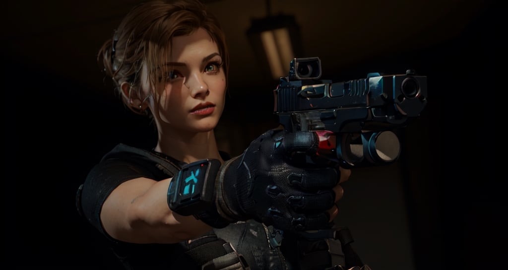 Fallout 4 Capture there is a woman holding a gun in a dark room, glamorous jill valentine, video game screenshot>, in game capture 3d render, 2020 video game screenshot, rendered in sfm, chloe price, with pistol, cinematic shot ar 9:16 -n 6 -g, perfect dark, remastered chromatic aberration, on realistic hud