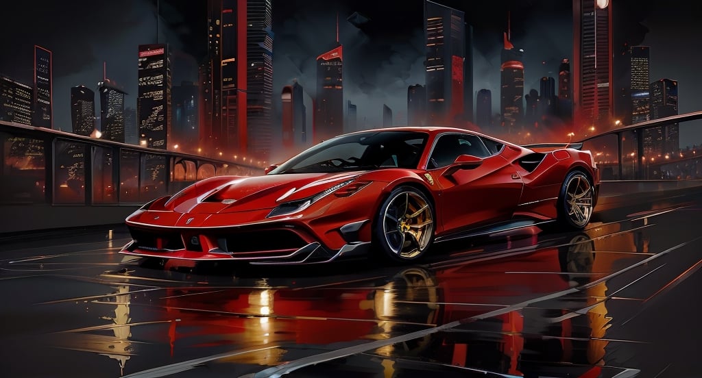 (Best quality, 8k, Masterpiece :1.2), hyper realistic, at a mountain, an detailed red Ferrari 488, Speeding on the highway, (Facing the audience), The blue skyscraper in the background, at night,