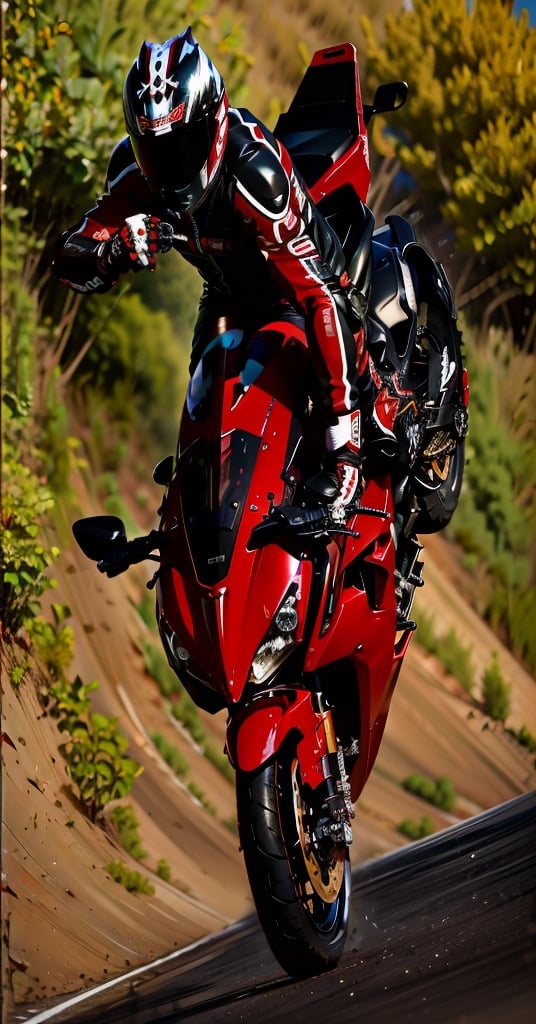 motorcycle rider in a red and black outfit doing a trick, wheelie, riding a motorcycle, the red ninja, motorbike, motorcycle, motorbiker, black and red only!!!, riding a motorbike, motorcycles, akira moto, riding, huge ducati panigrale motorbike, riding a futuristic motorcycle, photo - shot, triumph, kawasaki