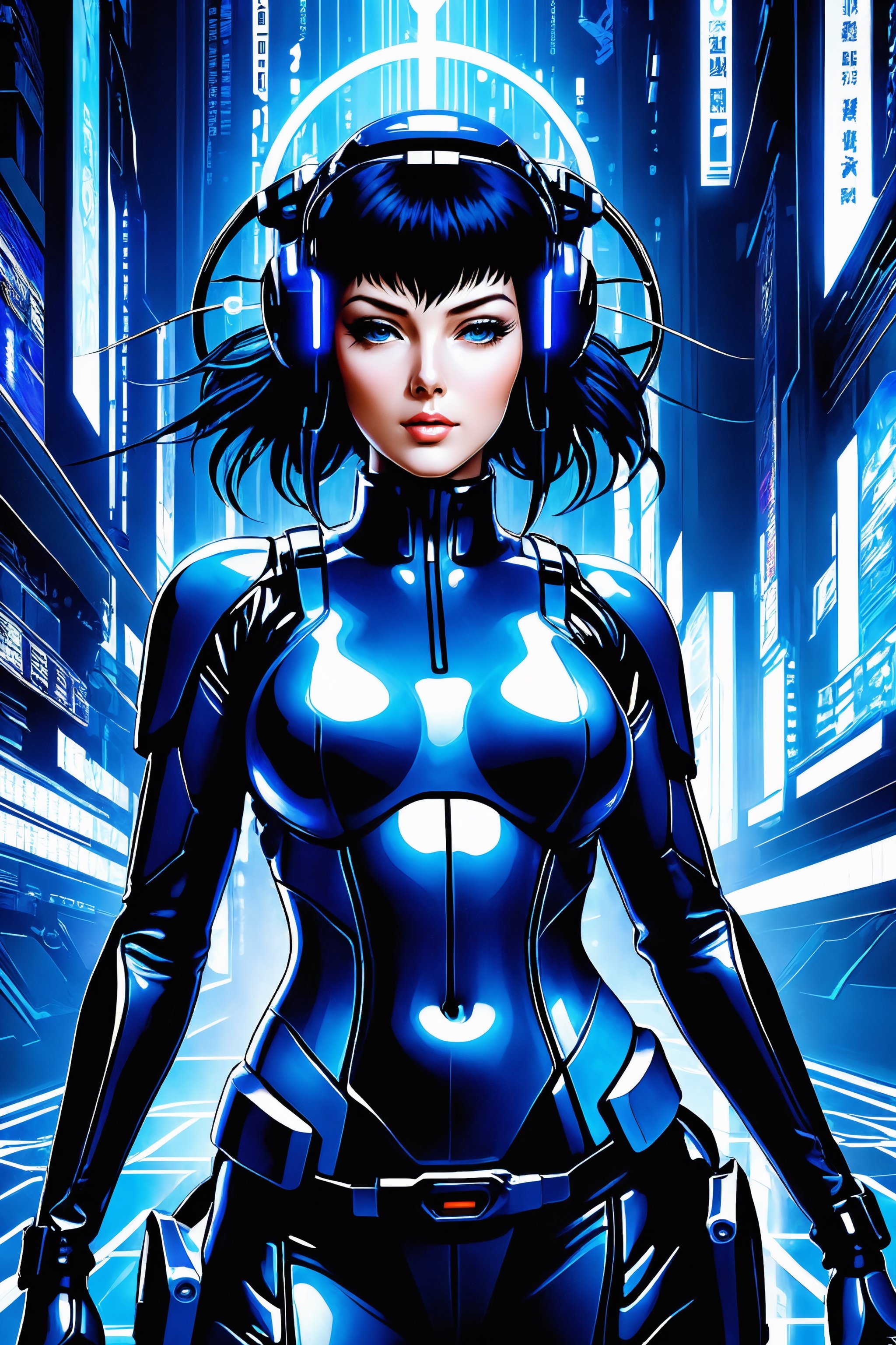 Ghost in the Shell Vol.2, by Luis Duarte, Luis Duarte style, blue and black shading, Neo-Tokyo style, Element Air, Mythpunk, Graphic Interface, Sci-Fic Art, Dark Influence, NijiExpress 3D v3, Kinetic Art, Datanoshing, Oilpainting, Ink v3, Splash style, Abstract Art, Abstract Tech, Cyber Tech Elements, Futuristic, Illustrated v3, Deco Influence, AirBrush style, drawing