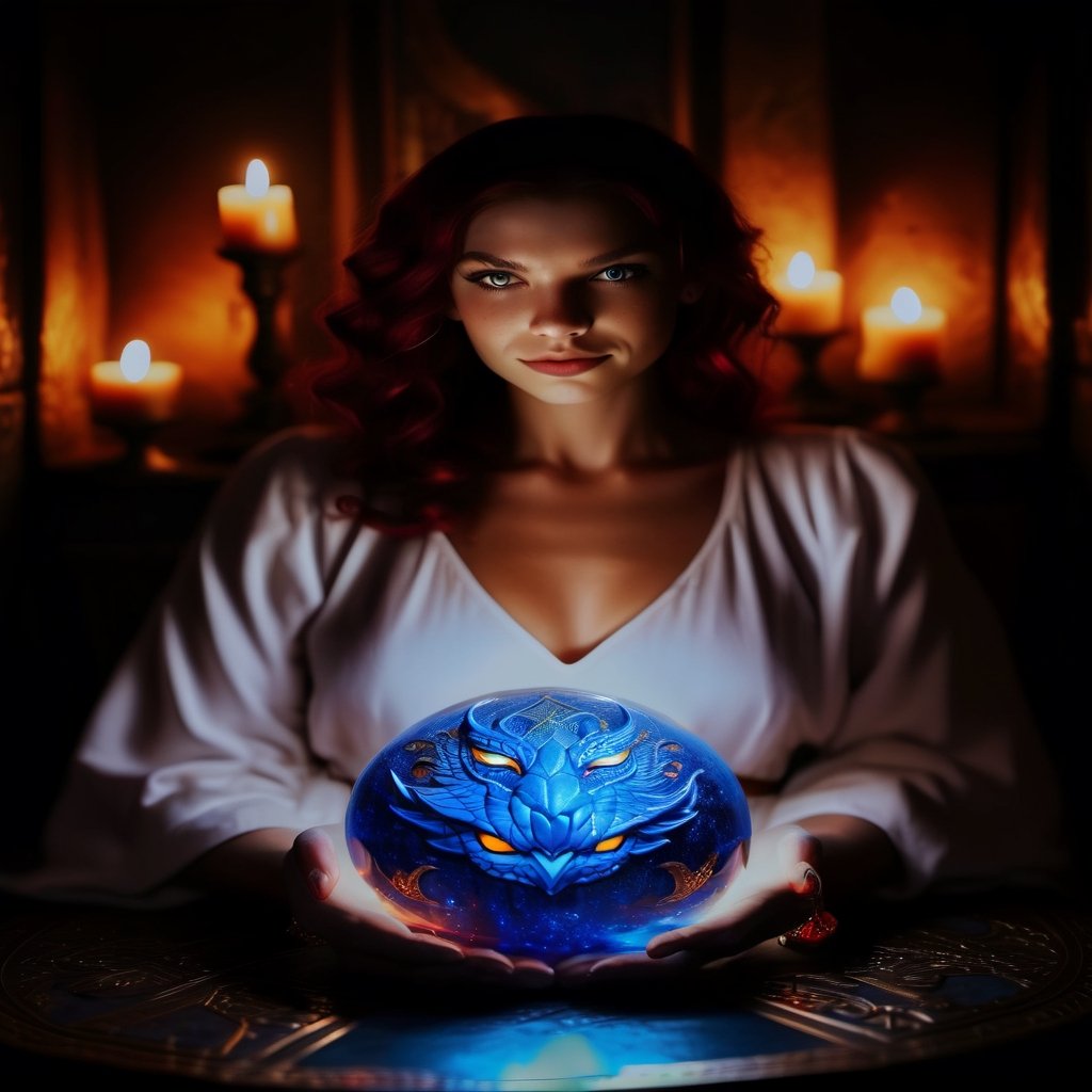 young Beautiful Gypsy fortune teller blond with red eyes she has a stunning glowing crystal ball with a realistic dragons face in a blue mist, low candle light and candles glowing orange and yellow in the background. face looks beautiful flawless, Beautiful girl, red hair, big hair, shiny hair, eye reflection, red eyes, smile, Hyperrealism, reflection light, glowing light, sparkle, cinematic lighting, masterpiece, ccurate, anatomically correct, textured skin, super detail, award winning, highres, 4K, 8k,neon photography style,Beautiful girl ,dragon