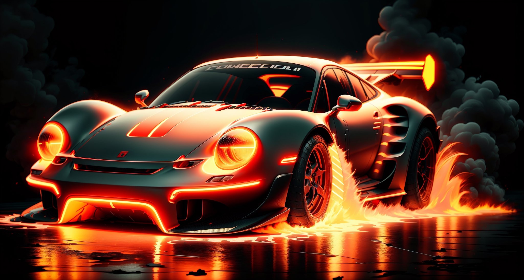 Full of action scenes, Neon RED PORSCHE race car wide body race stripesstrong lighting, Dynamic camera angles, cinema experience, fast paced sport, drama composition, bright colors, High-resolution visuals, dramatic storytelling, wide format cinema lens, immersive atmosphere
,MagmaTech