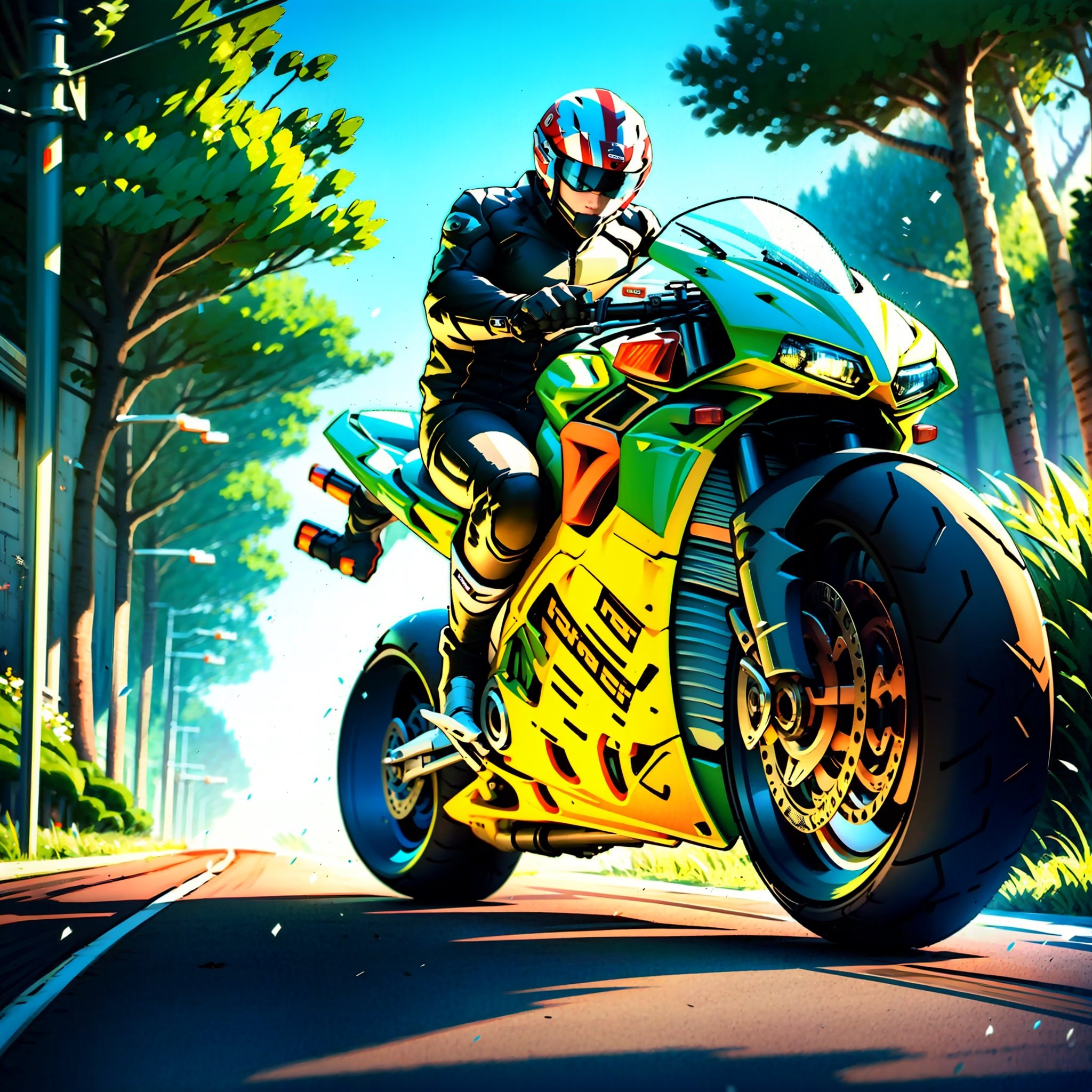 there is a man riding a motorcycle on a road with trees in the background, ducati , high quality picture, portrait shot, wide angle dynamic action shot, speeding on motorcycle, futuristic motorcycle, cover shot, riding a motorbike down a street, high speed action, motorbike, dynamic angled shot