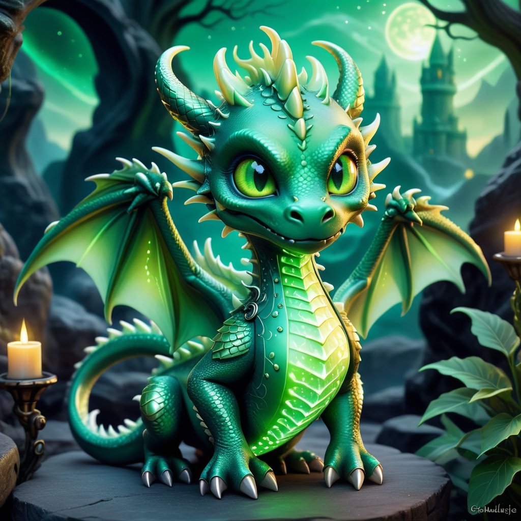 Craft an enchanting fantasy scene featuring a beautiful dark green-light green biometric dragon with glowing,  shiny biometrical features. Imagine captivating yelloweyes and impressive glass horns. Place this majestic creature in a fantasy-style background that complements its ethereal beauty,  aiming for a visually striking image with intricate details and a magical atmosphere., cute little dragon
,cute dragon,GUILD WARS