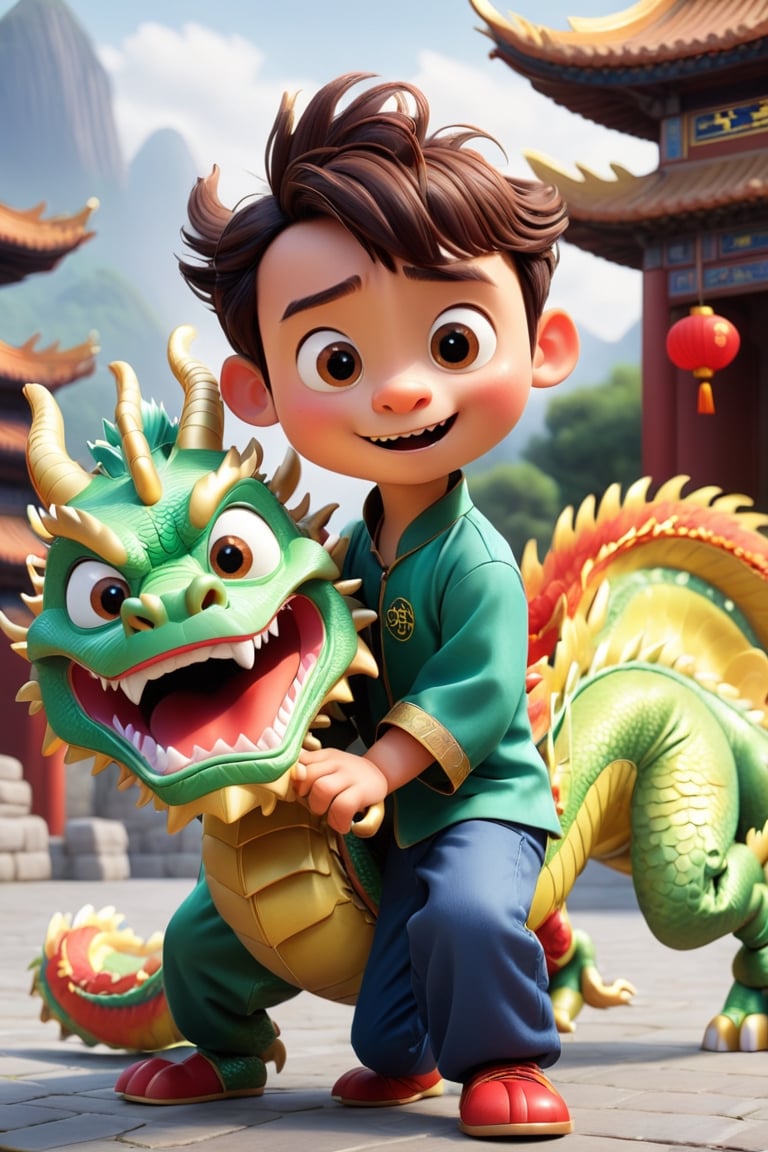 a boy playing with a funny and cute Chinese dragon.  Pixar style