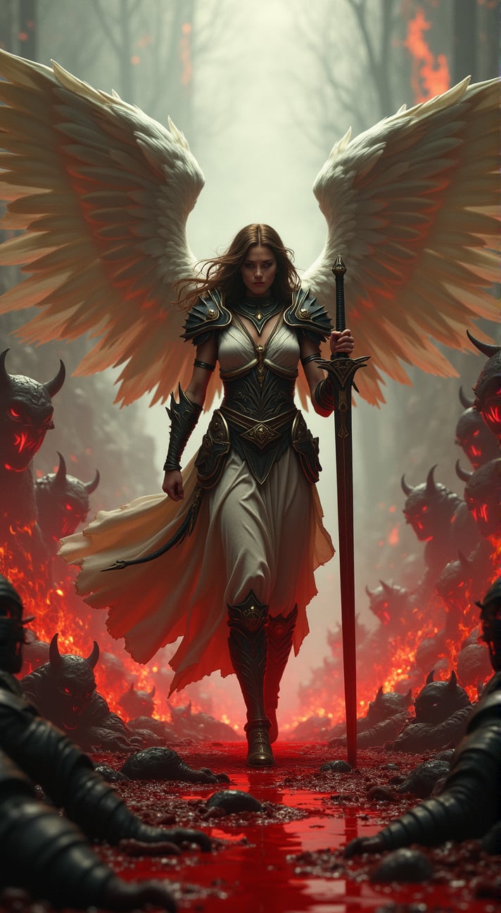 Gorgeous angel warrior fighting her way through hell with only a large sword. Bloody demon hoard in background.