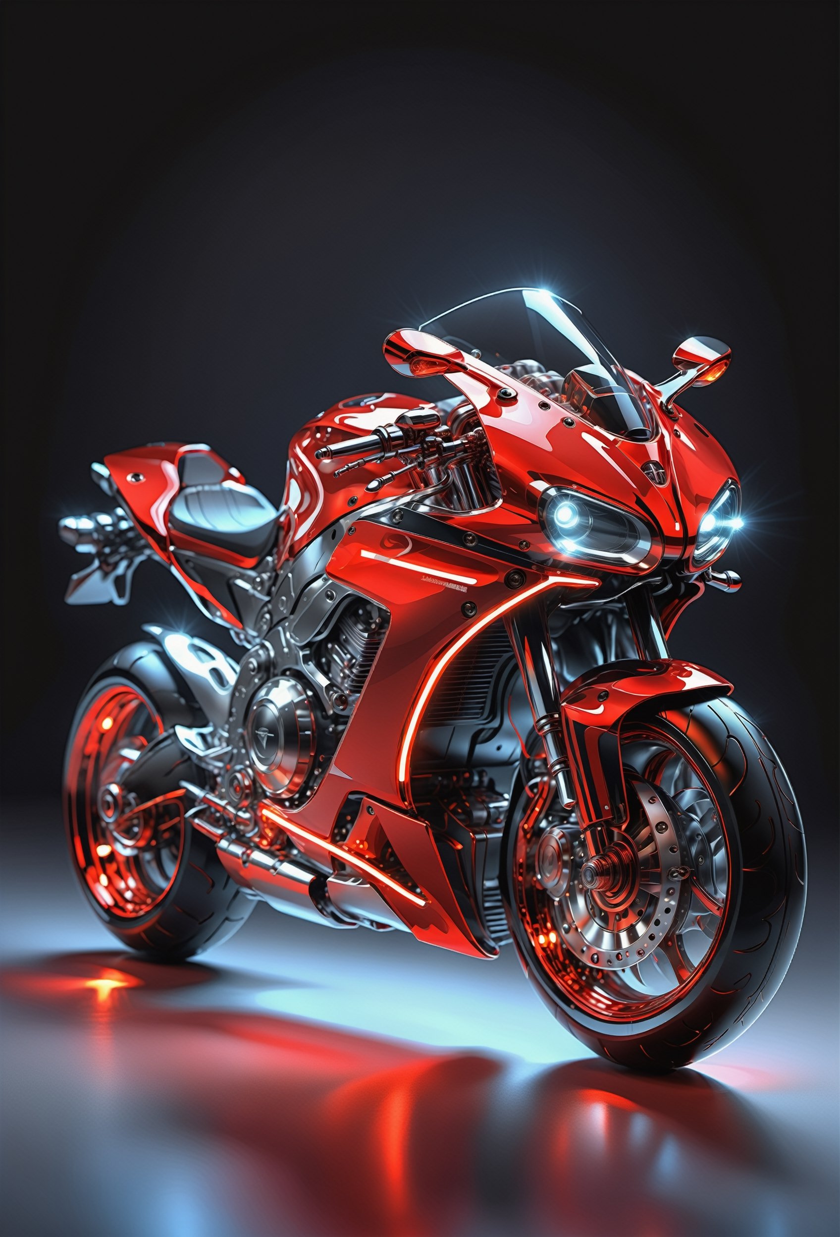 Masterpiece, ultra-definition, super detailed, perfect drawing, 1  transparent SPORT race motocycle with headlight on white lights , Colored red, silver and black carbonfiber, Industrial design, clean, Luminous neon lit,  red background, Surrealism, UHD, high details, best quality, 2K