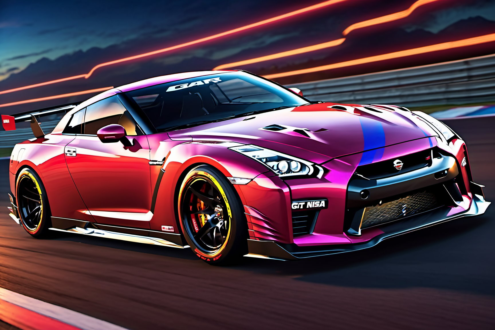 (((A photo realistic image of a Nissan GT-R Nismo))), ((wide shot)) , sharp, detailed car body , detailed tires, (masterpiece, best quality, ultra-detailed, 8K), race car, street racing-inspired, Drifting inspired, LED, ((Twin headlights)), (((Bright neon color racing stripes))), (Black racing wheels), Wheel spin showing motion, Show car in motion, Burnout,  wide body kit, modified car,  racing livery, masterpiece, best quality, realistic, ultra high res, (((depth of field))), (full dual color neon lights:1.2), (hard dual color lighting:1.4), (detailed background), (masterpiece:1.2), (ultra detailed), (best quality), intricate, comprehensive cinematic, magical photography, (gradients), glossy, Fast action style, Sideways drifting in to a turns, ,c_car,fire element