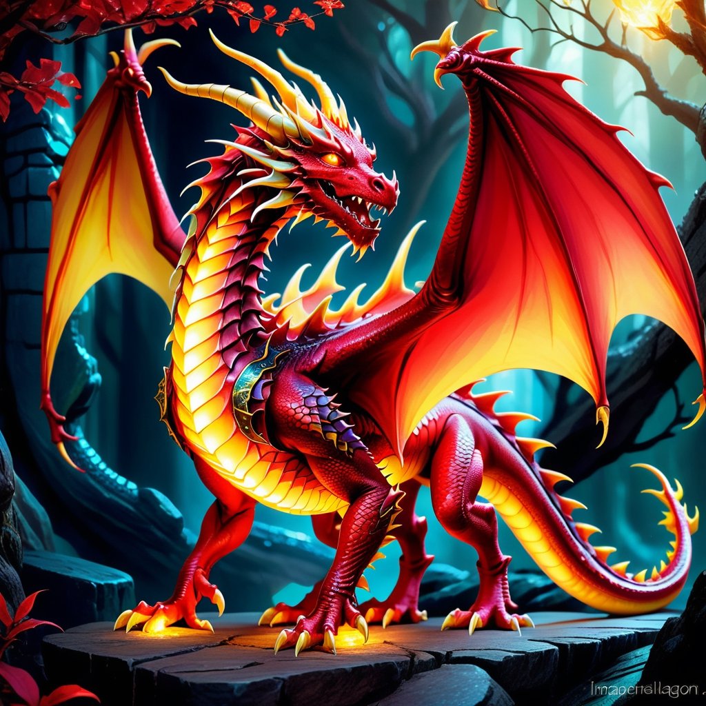 Craft an enchanting fantasy scene featuring a beautiful red-yellow biometric dragon with glowing,  shiny biometrical features. Imagine captivating red eyes and impressive glass horns. Place this majestic creature in a fantasy-style background that complements its ethereal beauty,  aiming for a visually striking image with intricate details and a magical atmosphere., cute little dragon
,cute dragon,GUILD WARS