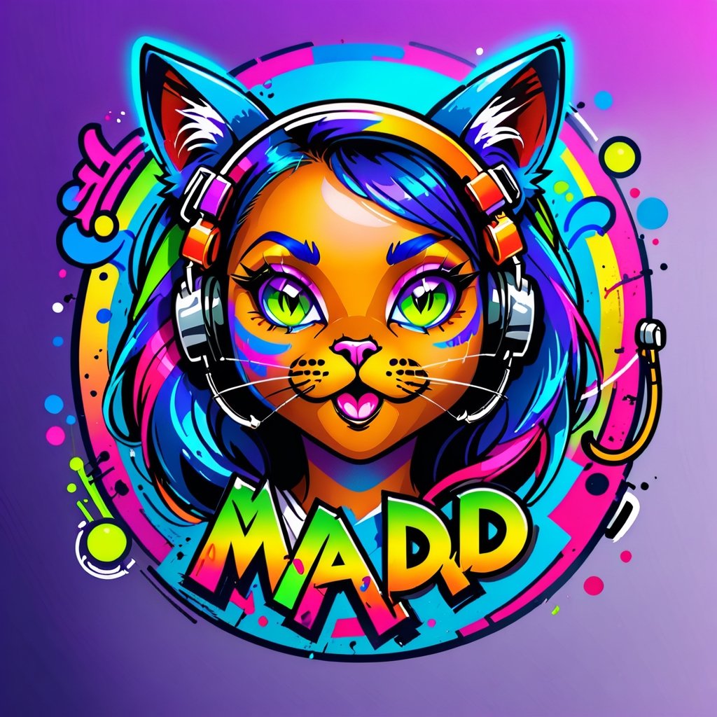 "Mad Cat" Design me a professional simplistic logo, the company is about music and beautiful woman, the logo should contain “B B”, should be on transparent background, style graffiti street art with neon and bold colors,