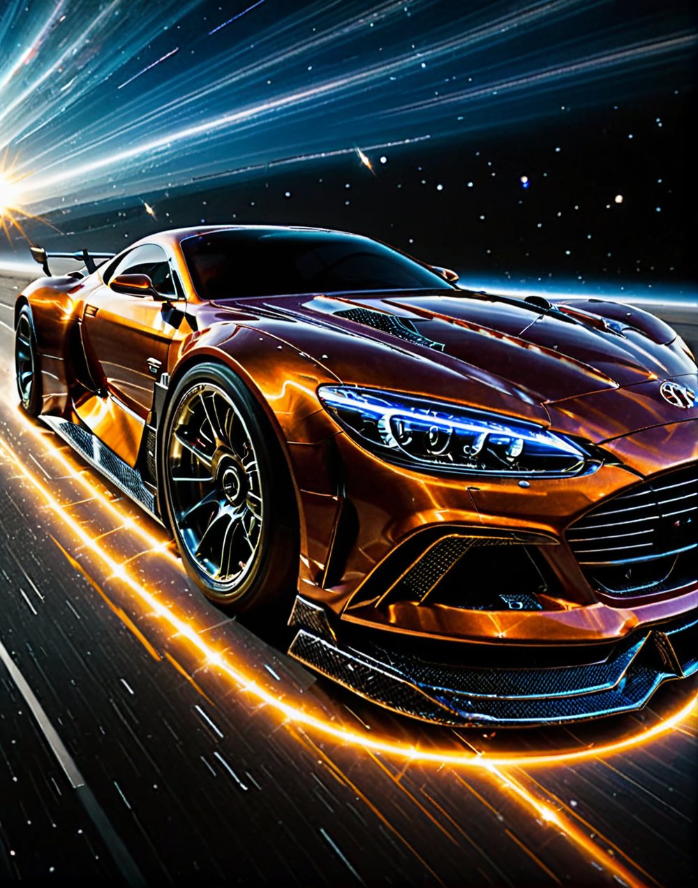 a sci-fi sportscar passing by, light speed, flash, motion trail, a shining star(sun) in the background, motion blur, epic visual effects, interstellar, flow, detailed, scifi, star blast, dark vibrant colors, cosmic art, stars in background, cinematic scene, lens flare, god rays, glow, , glowing, sparks, lightning, ultra detailed dramatic lighting,