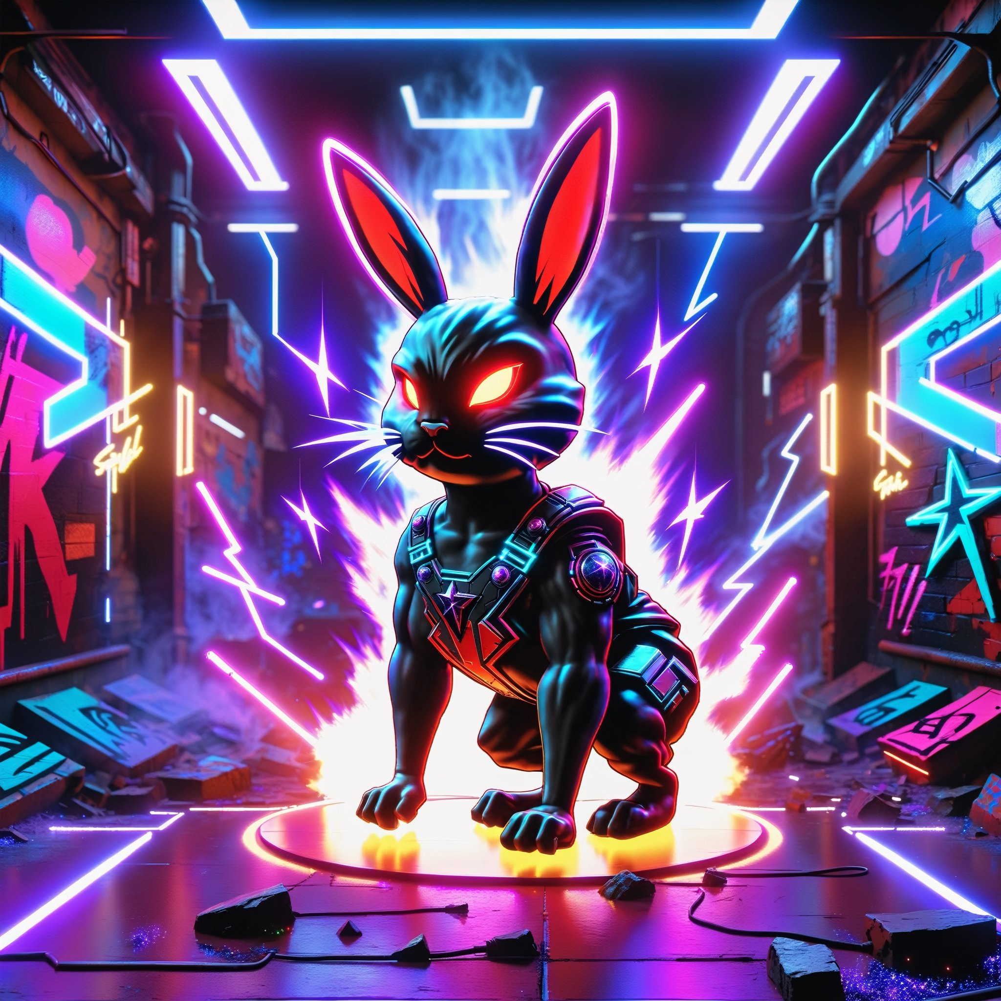 "Bad Bunny" in neon red, black, metallic, purple, blue, Pink, neon, sparkles, smoke, planet, graffiti background,
,composed of elements of thunder Electricity Space stars and neon lights, Cyberpunk,DonMH010D15pl4yXL 