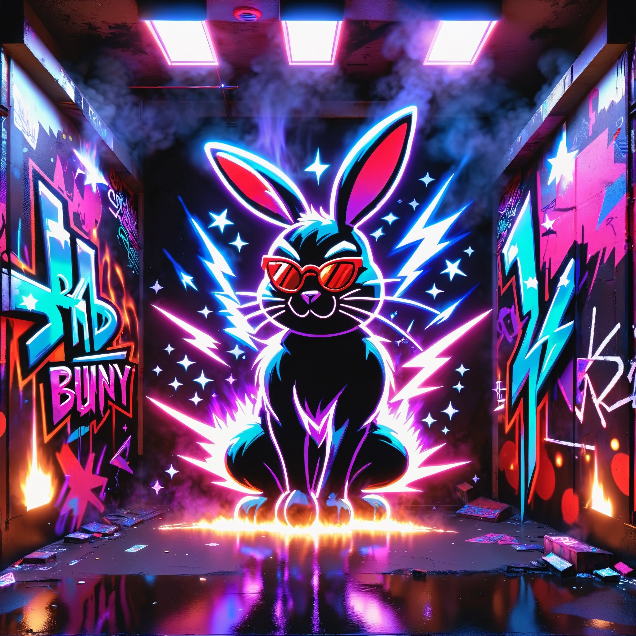 "Bad Bunny" in neon red, black, metallic, purple, blue, Pink, neon, sparkles, Neon colored smoke, planet, graffiti background,
,composed of elements of street art Fire thunder Lightning Electricity Space stars and neon lights atomic explosions, Cyberpunk,DonMH010D15pl4yXL 