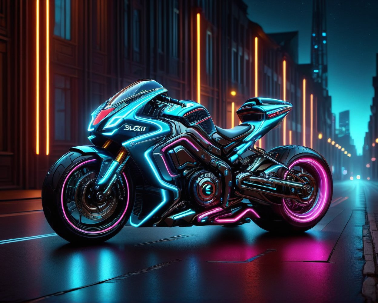 futuristic 2023 Suzuki GSX R 1100R motorcycle on a city street at night with neon lights, futuristic suzuki, futuristic motorcycle, riding a futuristic motorcycle, sitting on cyberpunk motorbike, tron, motorcycle concept art, cycle render, colors of tron legacy, daniel maidman octane rendering, futuristic vehicles, concept design art octane render, anime art vehicle concept art, cyberpunk futuristic neon, cycles 3 d render, futuristic vehicle,nlgtstyle,chrometech