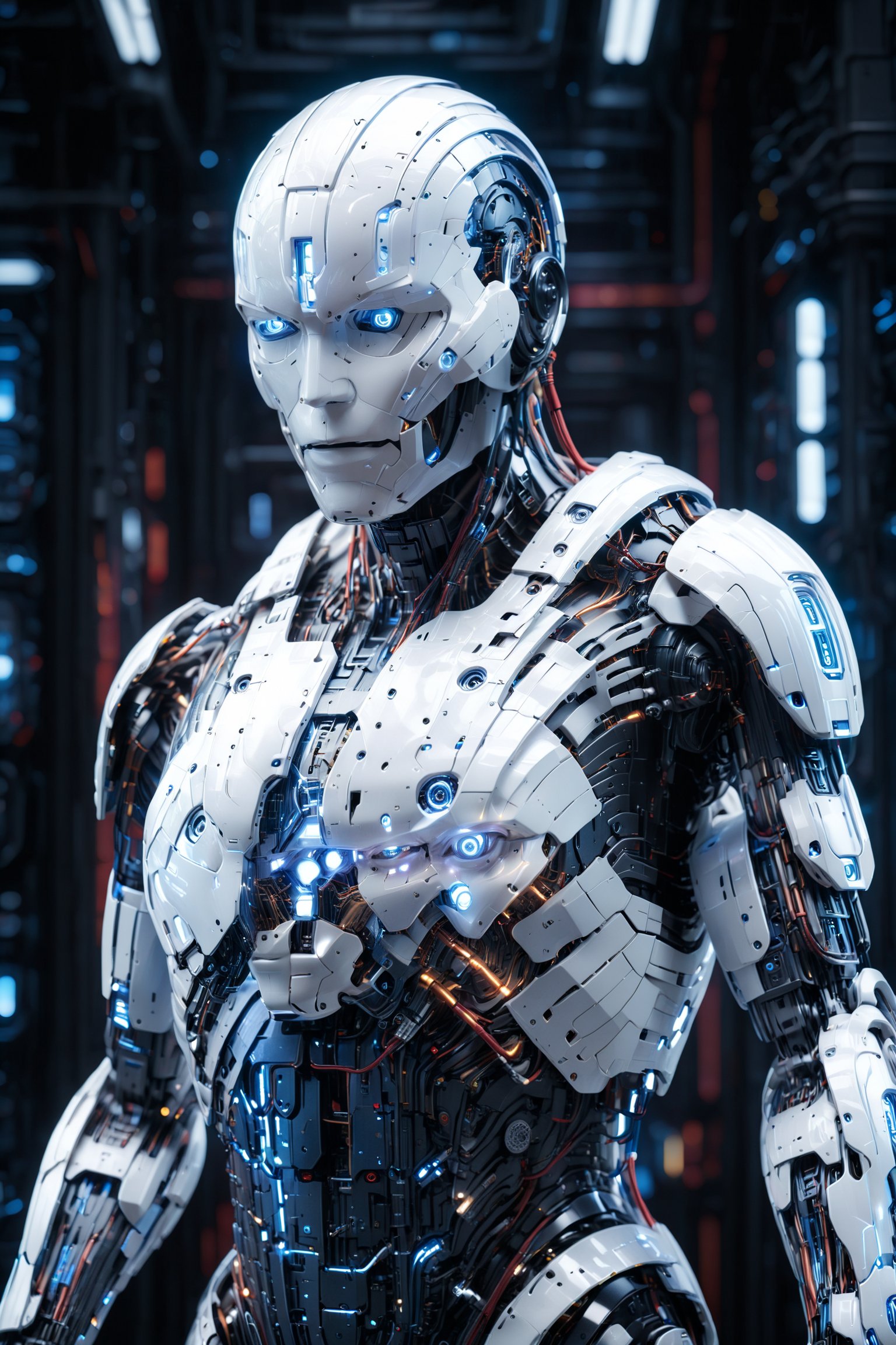 Image features a detailed illustration of a futuristic, humanoid robot with a sleek, aerodynamic design. The robot is primarily white with blue and red accents, and it has a robust, armored appearance. The main figure is shown in a standing position, with large, articulated limbs and a helmet-like head. The robot's design includes various mechanical details such as joints, panels, and vents. fullbody shot, soft textures, imaginative artwork, vibrant background, bokeh, three dimensional effect, 3d render, octane render, mix of bold dark lines and loose lines, Isometric, awesome full color, ultra detailed face, Candid photographs, {{rule of third}}, cinematic, light film, hyper detailed, hyper realistic, masterpiece, atmospheric, high resolution, 8k, HDR, 500px, long exposure:2.

