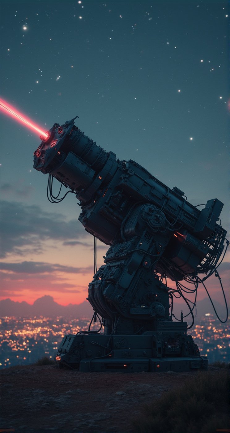 (Giant Weapon), A giant laser cannon in the high-tech era, located on the edge of a future city. This laser cannon is made of black metal, covered with complex circuits and control panels, and its muzzle points towards the distant starry sky. The lights of the city and the stars in the night sky complement each other, creating a futuristic atmosphere full of technology. Beautiful cinematic lighting, surreal, RAW photo, color graded, dynamic movement, captivating chiaroscuro, (special effects:0.1), full body, award-winning, cinematic still, emotional, vignette, dynamic, vivid, (masterpiece, best quality, photorealistic, Professional, perfect composition, very aesthetic, absurdres, ultra-detailed, intricate details:1.3)