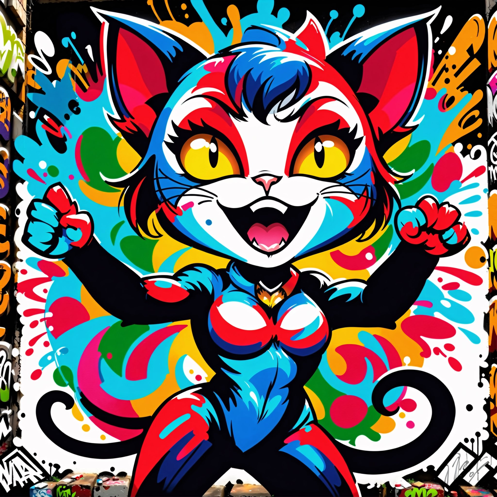 "Mad Cat" the graffiti style of cute cat woman is singing, ((bold colorful, rich colors,high detailed, masterpiece,natural lighting,less Shadow,high quality, graffiti style)),LOGO