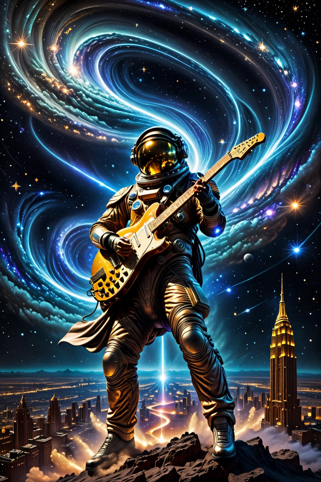 In the depths of space, a shimmering, shadowed figure playing an electric guitar with eyes like distant stars stands amidst swirling cosmic dust. City background buildings. The image is a hyper-realistic digital painting, capturing every glint of light and shadow in exquisite detail. The subject is a mysterious, otherworldly traveler in a sleek, midnight-hued spacesuit, adorned with intricate, ethereal designs. Their presence exudes an air of enigmatic elegance and boundless adventure, drawing viewers into a captivating tale of intergalactic exploration.