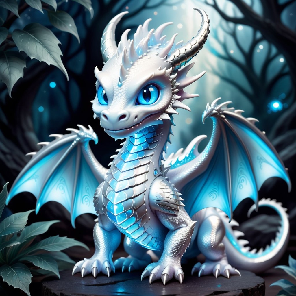 Craft an enchanting fantasy scene featuring a beautiful silver-white biometric dragon with glowing,  shiny biometrical features. Imagine captivating blue eyes and impressive glass horns. Place this majestic creature in a fantasy-style background that complements its ethereal beauty,  aiming for a visually striking image with intricate details and a magical atmosphere., cute little dragon
,cute dragon