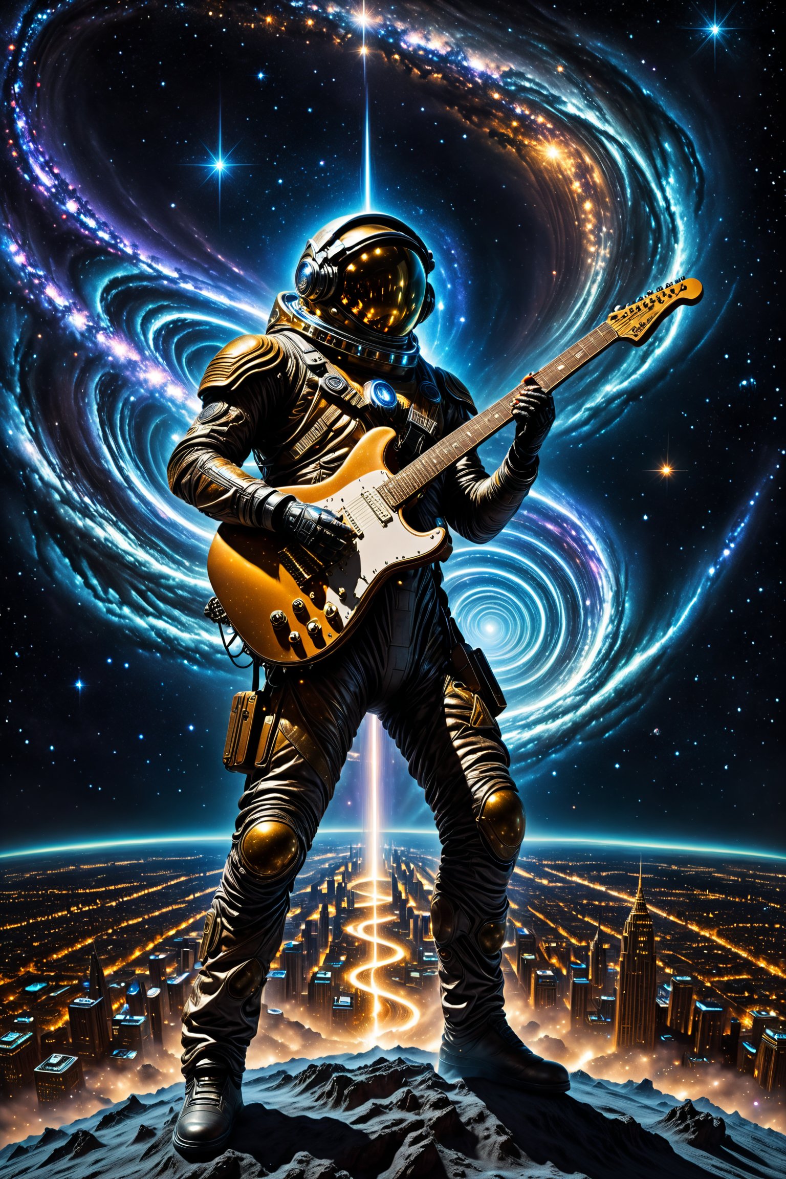 In the depths of space, a shimmering, shadowed figure playing an electric guitar with eyes like distant stars stands amidst swirling cosmic dust. City background buildings. The image is a hyper-realistic digital painting, capturing every glint of light and shadow in exquisite detail. The subject is a mysterious, otherworldly traveler in a sleek, midnight-hued spacesuit, adorned with intricate, ethereal designs. Their presence exudes an air of enigmatic elegance and boundless adventure, drawing viewers into a captivating tale of intergalactic exploration.