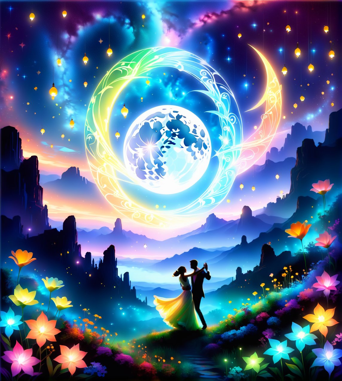 Nightfall serenade: Two silhouettes, swaying to the rhythm of their love story, amidst a whimsical backdrop of glowing flora. The young couple's tender dance is set against a star-studded sky, where the moon casts an ethereal glow. Bioluminescent flowers surround them, like tiny lanterns, as they lose themselves in each other's eyes. Capture the magic of this intimate moment, suspended in time, where love is the only light needed.

Something 'bout the night, girl
When you got the right girl
Dancing with you in my arms 
Lookin' at the sky, girl
Thinkin' 'bout why we're here
And where we're goin'
Baby, here we are and all I know is
It's a helluva life,Flora