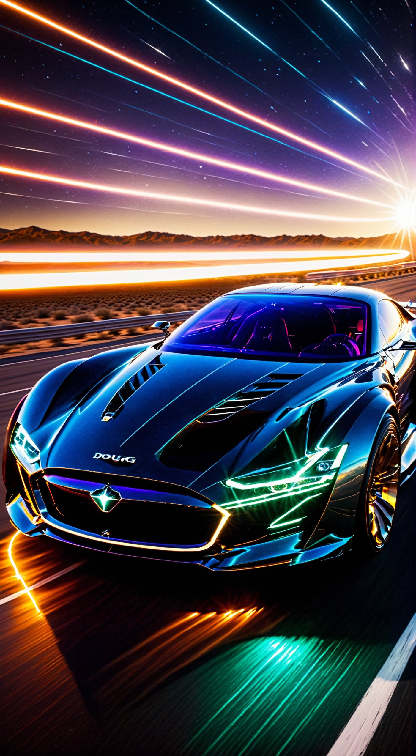 a sci-fi sportscar passing by, light speed, flash, motion trail, a shining star(sun) in the background, motion blur, epic visual effects, interstellar, flow, detailed, scifi, star blast, dark vibrant colors, cosmic art, stars in background, cinematic scene, lens flare, god rays, glow, art of Doug Chiang and John Park glowneon, glowing, sparks, lightning, ultra detailed dramatic lighting  ,highly detailed, vibrant colors , 8k, sharp, professional, clear, high contrast, high saturated, , vivid deep blacks, crystal clear,c_car,H effect,Concept Cars