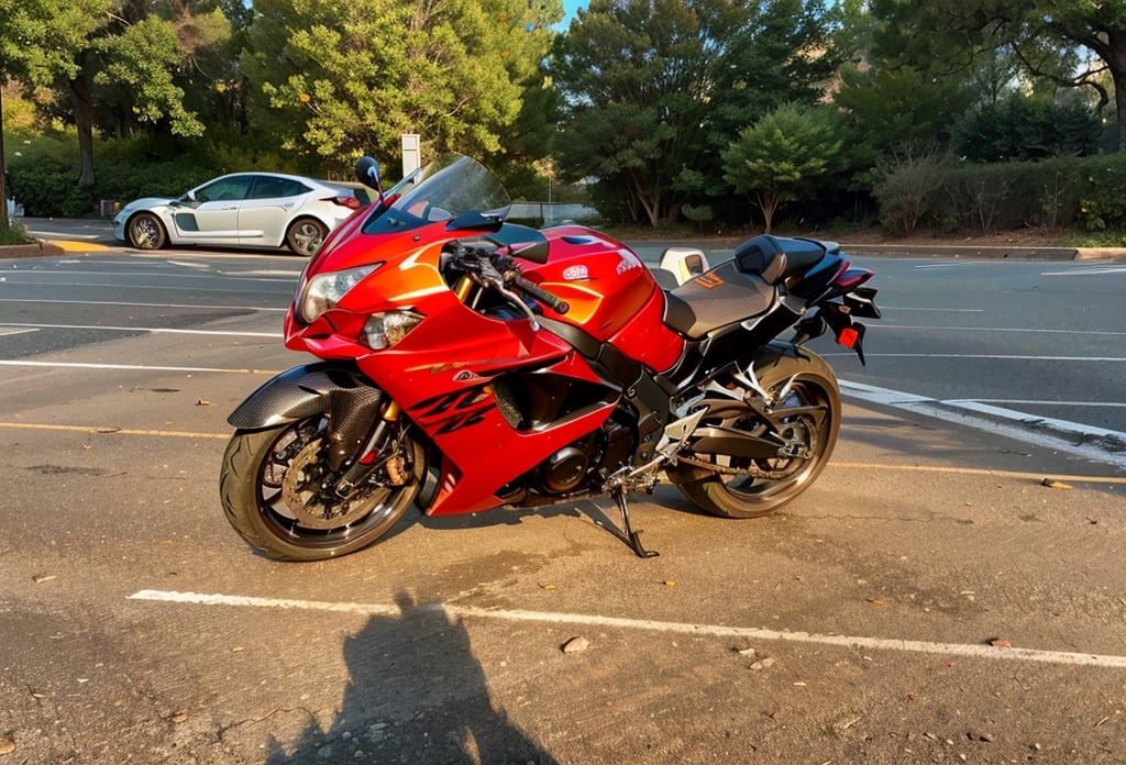 there is a red motorcycle parked in a parking lot, 2024 SUZUKI HAYABUSA 25TH ANNIVERSARY, Famed for its abundant power, agility and majestic presence. Legendary for establishing new levels of performance,